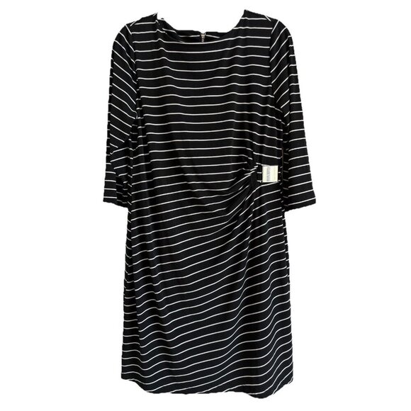 Chico's So Slimming Black Medium Striped Ruched Wiggle Dress 3/4 Sleeve Stretch - Picture 1 of 15